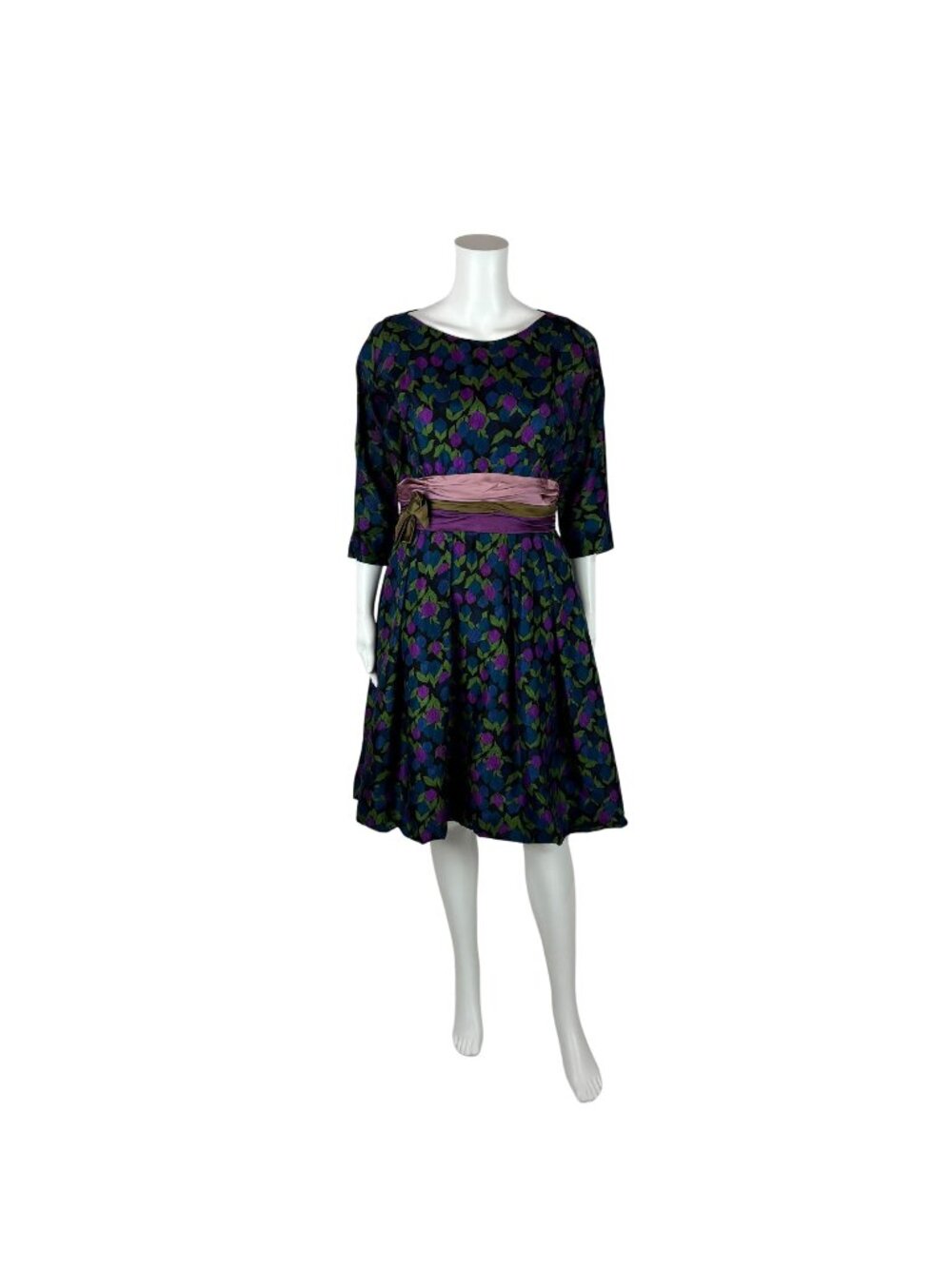 Vintage 50s Party Dress Women's Large Purple Blue Floral Print Satin Waist